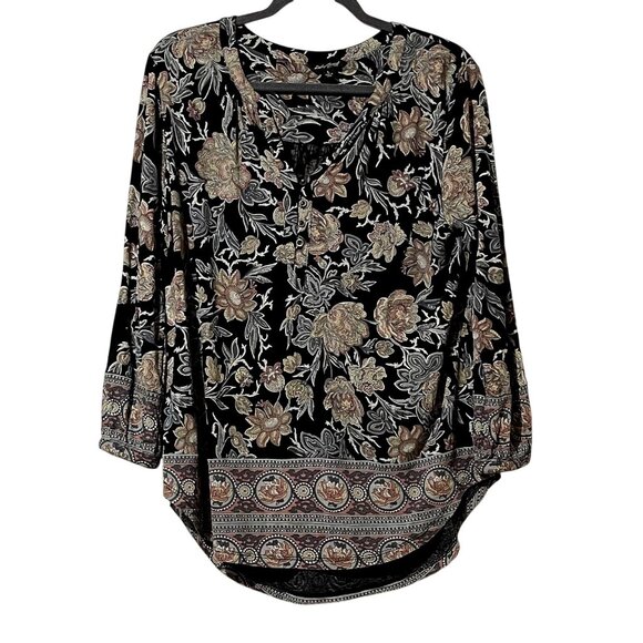 Lucky Brand Womens Size L Black Floral Print Viscose Boho Top - Picture 1 of 9